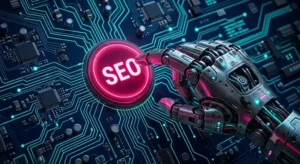 אופטימיזציית SEO באמצעות כלי בינה מלאכותית (AI) - אצבע של רובוט נוגעת במסך דיגיטלי עם כיתוב SEO על רקע קווי ניאון